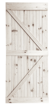 Close-up photo of a wooden door with a textured surface against a plain white background.
