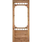 Wooden door with carved details on a white background. 