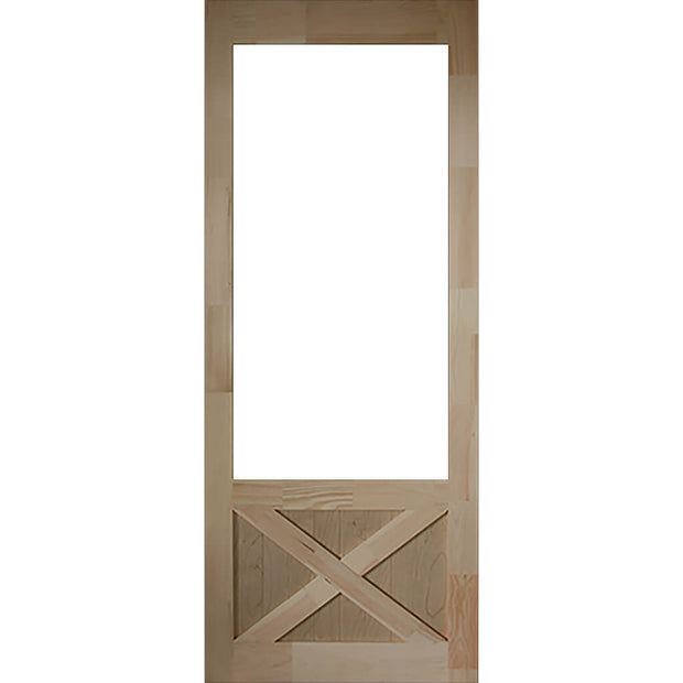 Wooden door with a glass on the white background.