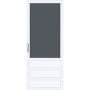 Modern white door with transparent pieces on a white background.