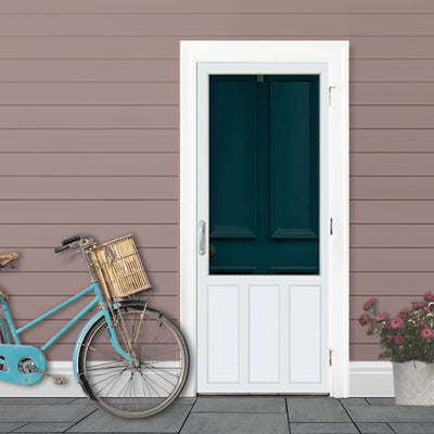A serene scene featuring a white door with a beige wall and a bicycle nearby. The white door is a simple and elegant design, with clean lines and a smooth finish that complements the natural beauty of the beige wall. The bicycle adds a touch of charm and nostalgia to the scene, creating a sense of adventure and freedom. 