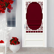 White doors with red details. Red flowers nearby have a nice modern look. 
