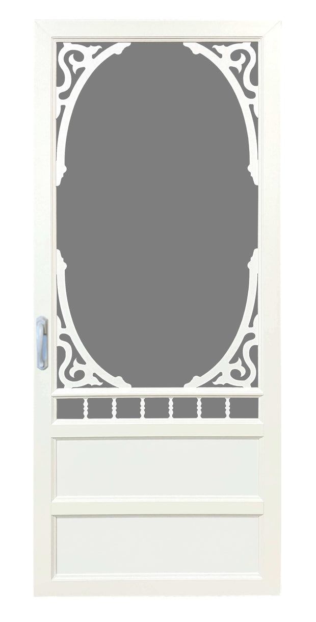 White doors with curved details on a white background. 