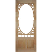 Wooden door with curved details on white background. 