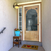 Minimalistic wooden door with transparent details on a porch with cute rug and plants. 