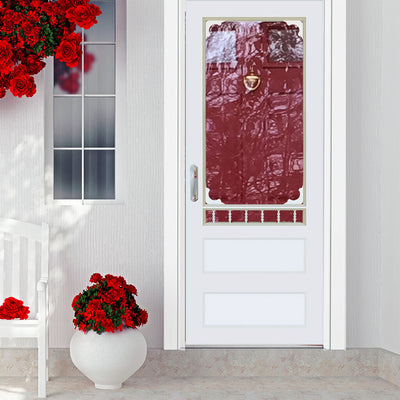 Wooden storm door with red roses on a porch. 